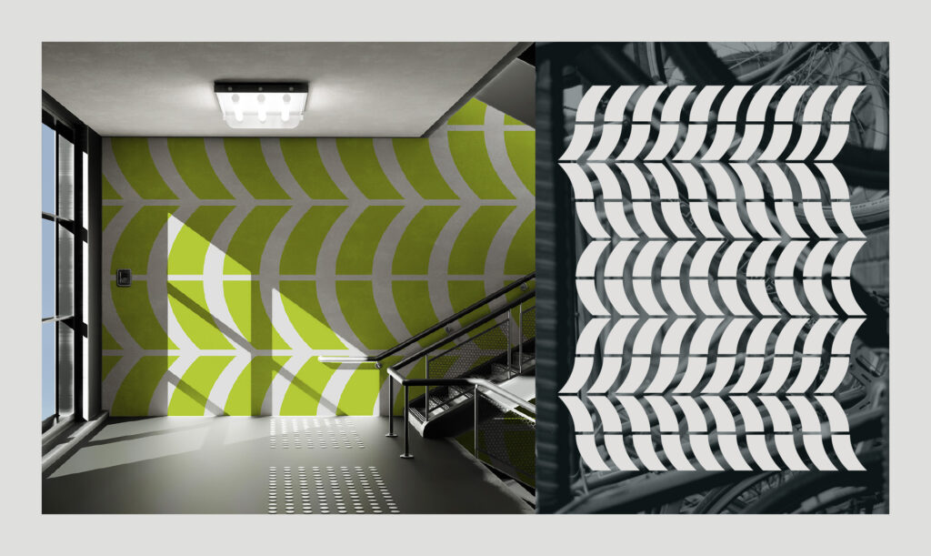 Festival Vélocité graphic patterns inspired by bicycle tyre tracks.